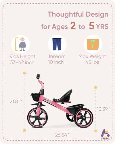 KRIDDO Tricycle for 2-5 Year Olds - Pink Toddler Trike With Gift for 24 Month to 4 Year Old Girls - 16