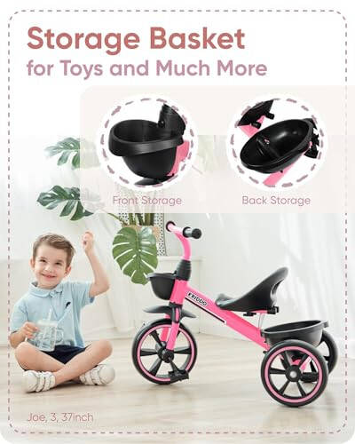 KRIDDO Tricycle for 2-5 Year Olds - Pink Toddler Trike With Gift for 24 Month to 4 Year Old Girls - 17