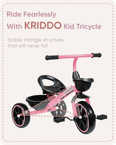 KRIDDO Tricycle for 2-5 Year Olds - Pink Toddler Trike With Gift for 24 Month to 4 Year Old Girls - 19