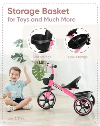 KRIDDO Tricycle for 2-5 Year Olds - Pink Toddler Trike With Gift for 24 Month to 4 Year Old Girls - 4