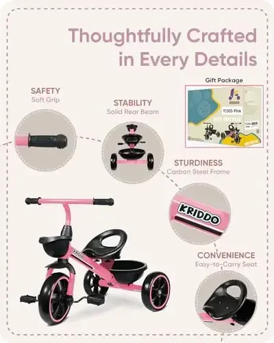 KRIDDO Tricycle for 2-5 Year Olds - Pink Toddler Trike With Gift for 24 Month to 4 Year Old Girls - 5