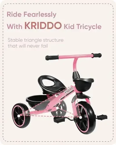 KRIDDO Tricycle for 2-5 Year Olds - Pink Toddler Trike With Gift for 24 Month to 4 Year Old Girls - 6