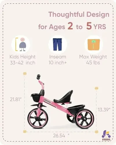 KRIDDO Tricycle for 2-5 Year Olds - Pink Toddler Trike With Gift for 24 Month to 4 Year Old Girls - 2