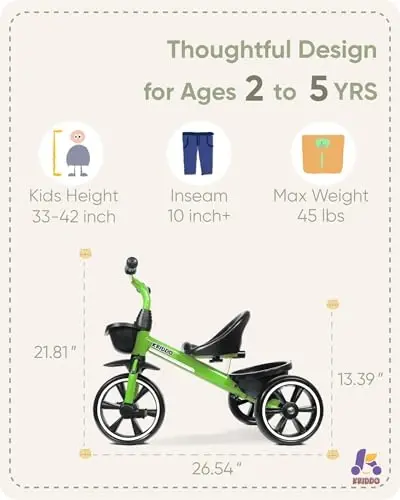 KRIDDO Tricycles Age 24 Month to 4 Years, Toddler Kids Trike for 2.5 to 5 Year Old, Gift for 2-4 Year Olds , Green - 3