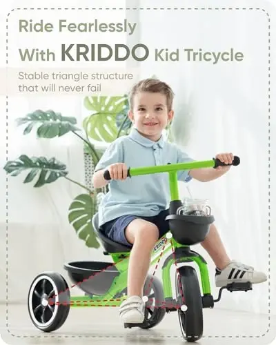 KRIDDO Uch g'ildirakli velosipedlar 24 oydan 4 yoshgacha, 2,5 yoshdan 5 yoshgacha bo'lgan bolalar uchun uch g'ildirakli velosiped, 2-4 yoshdagi bolalar uchun sovg'a, Yashil - KRIDDO (1)
