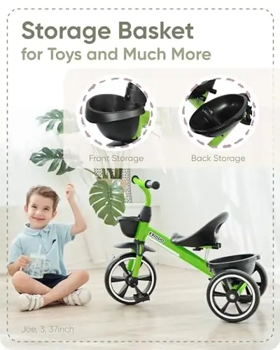 KRIDDO Uch g'ildirakli velosipedlar 24 oydan 4 yoshgacha, 2,5 yoshdan 5 yoshgacha bo'lgan bolalar uchun uch g'ildirakli velosiped, 2-4 yoshdagi bolalar uchun sovg'a, Yashil - 4