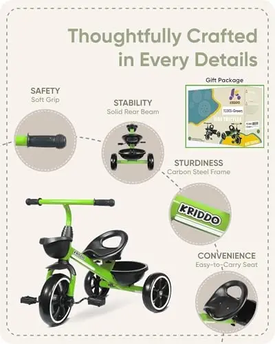 KRIDDO Uch g'ildirakli velosipedlar 24 oydan 4 yoshgacha, 2,5 yoshdan 5 yoshgacha bo'lgan bolalar uchun uch g'ildirakli velosiped, 2-4 yoshdagi bolalar uchun sovg'a, Yashil - 5
