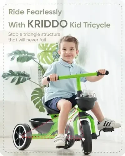 KRIDDO Uch g'ildirakli velosipedlar 24 oydan 4 yoshgacha, 2,5 yoshdan 5 yoshgacha bo'lgan bolalar uchun uch g'ildirakli velosiped, 2-4 yoshdagi bolalar uchun sovg'a, Yashil - 2