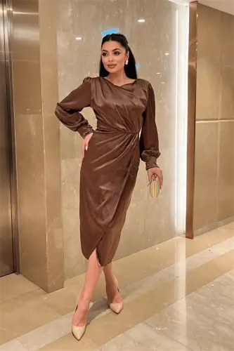 Krinkıl Kumaş Kruvaze Kalem Elbise - KAHVERENGİ - 2