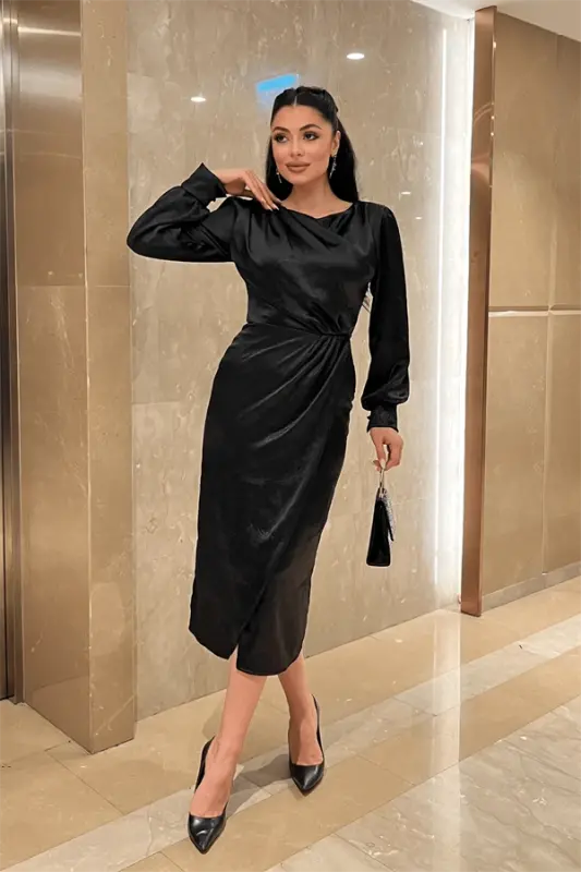 Krinkıl Kumaş Kruvaze Kalem Elbise - SİYAH - 1