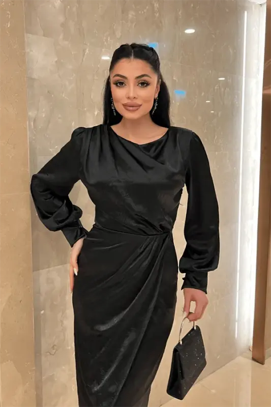 Krinkıl Kumaş Kruvaze Kalem Elbise - SİYAH - 4