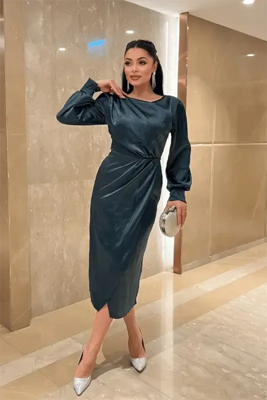 Krinkıl Kumaş Kruvaze Kalem Elbise - ZÜMRÜT YEŞİL - 2