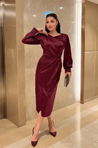 Krinkıl mato Kesishgan Qalam Ko'ylak - BORDO - 1