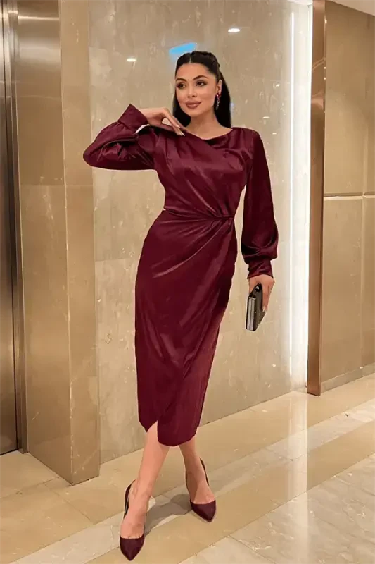 Krinkıl mato Kesishgan Qalam Ko'ylak - BORDO - 1