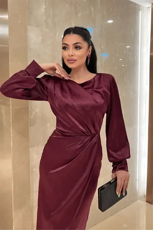 Krinkıl mato Kesishgan Qalam Ko'ylak - BORDO - 3