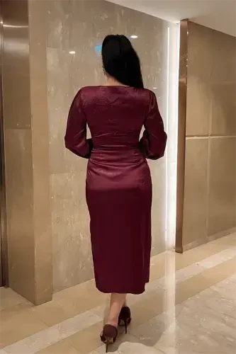 Krinkıl mato Kesishgan Qalam Ko'ylak - BORDO - 5