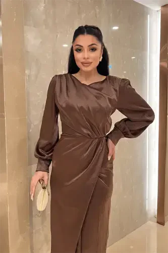 Krinkıl Mato Kruvaze Qalam Ko'ylak - Jigarrang - 4