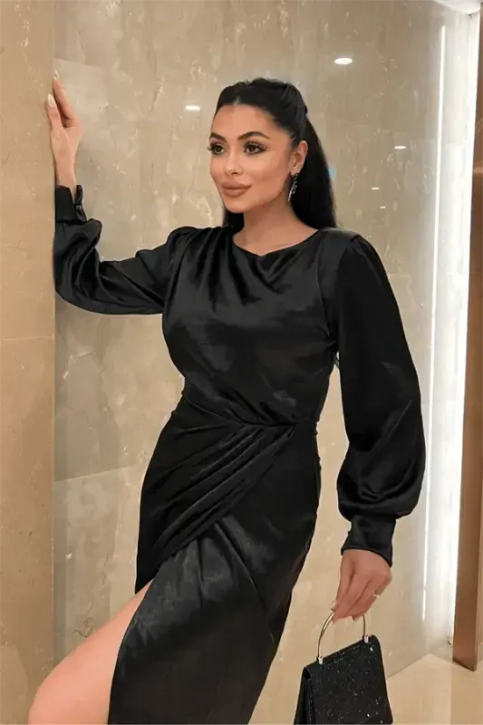 Krinkıl Mato Kruvaze Qalam Ko'ylak - QORA - 3