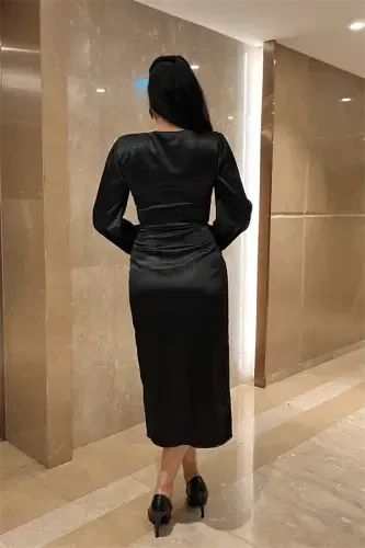 Krinkıl Mato Kruvaze Qalam Ko'ylak - QORA - 5