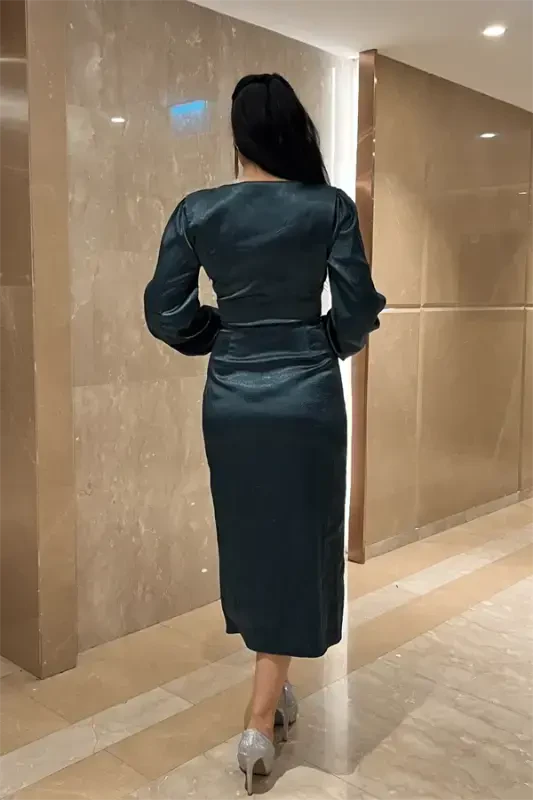 Krinkıl Mato Kruvaze Qalam Ko'ylak - Zumrad Yashil - 5