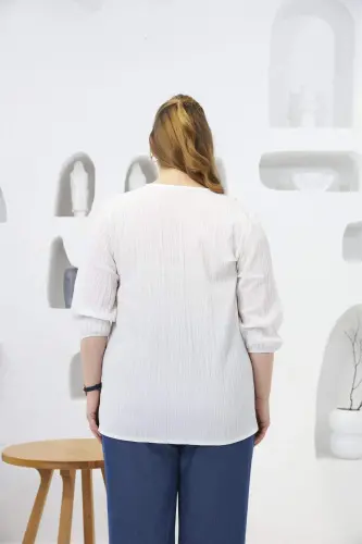 Кринкл Блузка Большого Размера с Вышивкой, Экрю - 4