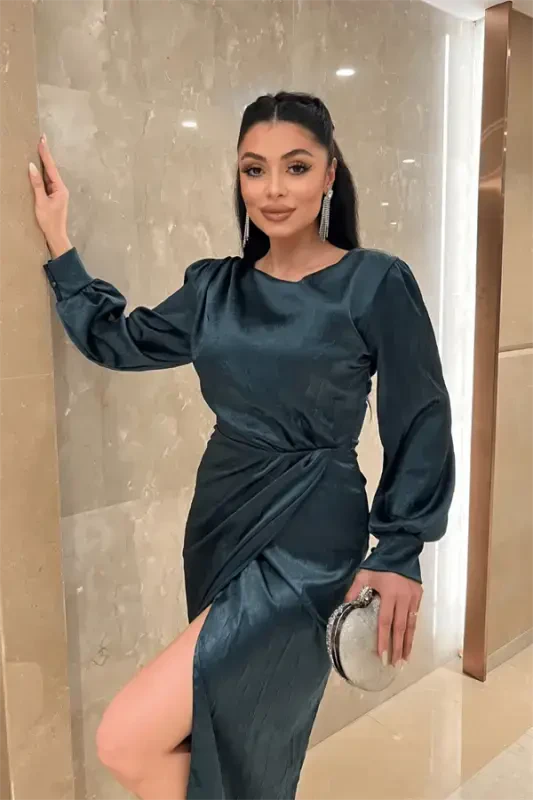 Кринкл Ткань Двубортное Платье-Карандаш - ИЗУМРУДНО-ЗЕЛЕНЫЙ - 3