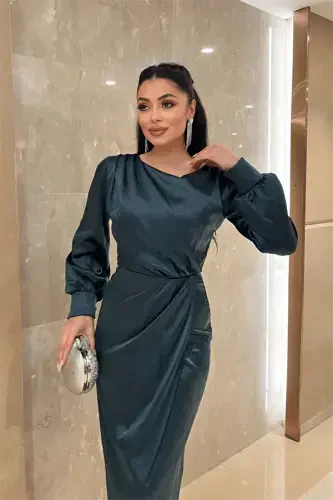 Кринкл Ткань Двубортное Платье-Карандаш - ИЗУМРУДНО-ЗЕЛЕНЫЙ - 4