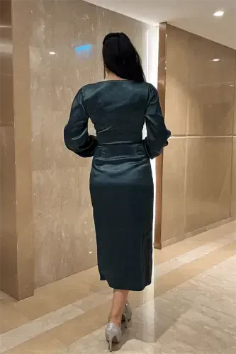 Кринкл Ткань Двубортное Платье-Карандаш - ИЗУМРУДНО-ЗЕЛЕНЫЙ - 5