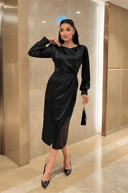 Кринкл Ткань Крест-накрест Карандаш Платье - ЧЕРНЫЙ - BÜYÜKBEDENIZ