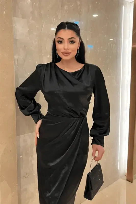 Кринкл Ткань Крест-накрест Карандаш Платье - ЧЕРНЫЙ - 4