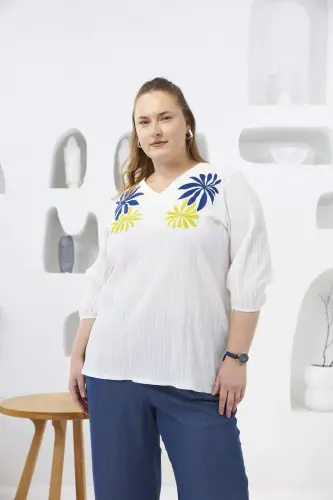 Krinkle Embroidered Plus Size Blouse Ecru - 1