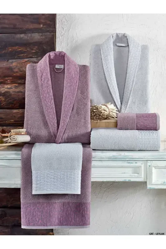 Kristal Dream Jacquard 6 Pieces Family Bathrobe Set - Gray - Lilac-Gray Lilac - TAÇ