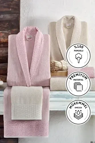 Kristal Dream Jakarli 6 Parça Oila Xalat To'plami - Bej - Pudra-Kulrang Pudra - 1