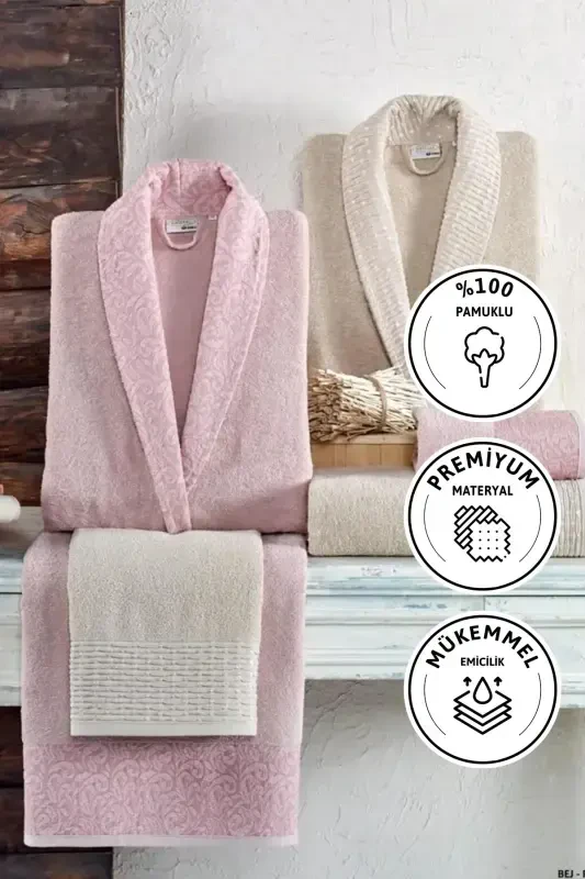 Kristal Dream Jakarli 6 Parça Oila Xalat To'plami - Bej - Pudra-Kulrang Pudra - 1