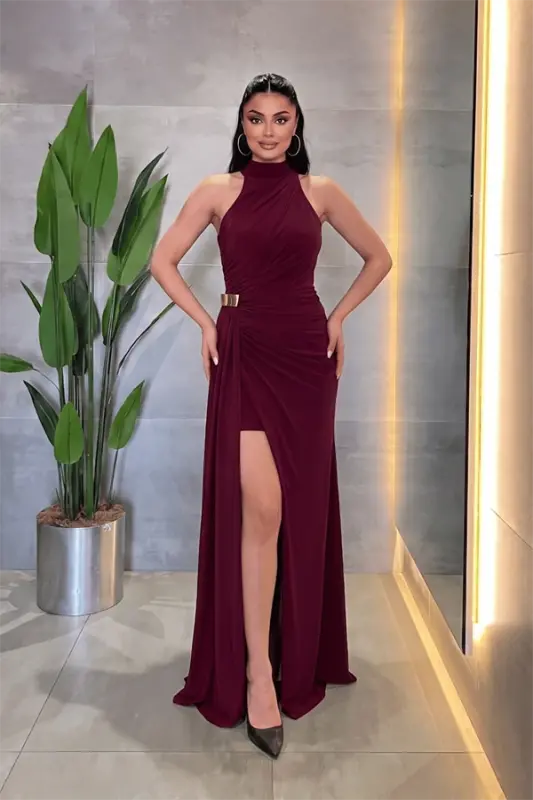 Kristal Kumaş Boyundan Bağlamalı Abiye Elbise - BORDO - BÜYÜKBEDENIZ