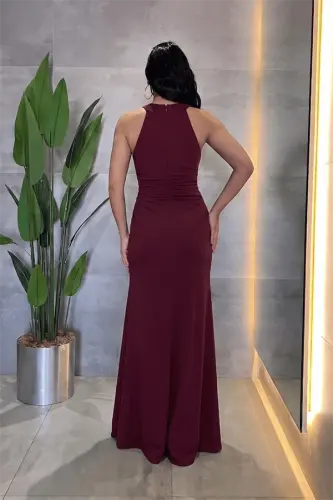 Kristal Kumaş Boyundan Bağlamalı Abiye Elbise - BORDO - 2