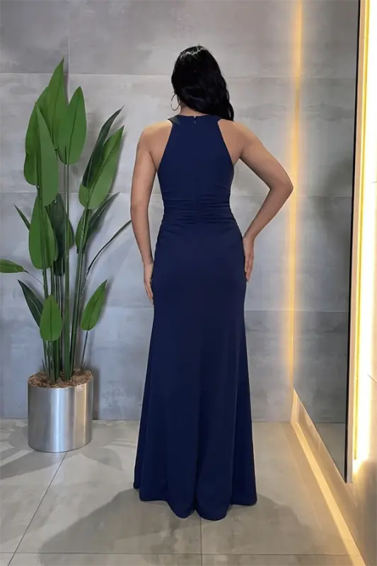 Kristal Kumaş Boyundan Bağlamalı Abiye Elbise - LACİVERT - 3