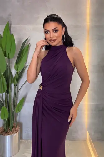 Kristal Kumaş Boyundan Bağlamalı Abiye Elbise - PATLICAN MOR - BÜYÜKBEDENIZ (1)