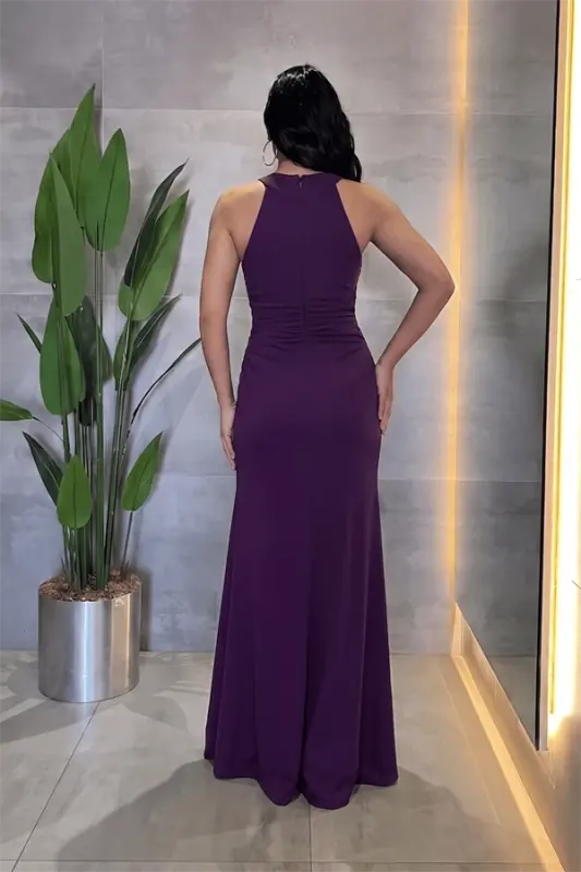Kristal Kumaş Boyundan Bağlamalı Abiye Elbise - PATLICAN MOR - 3