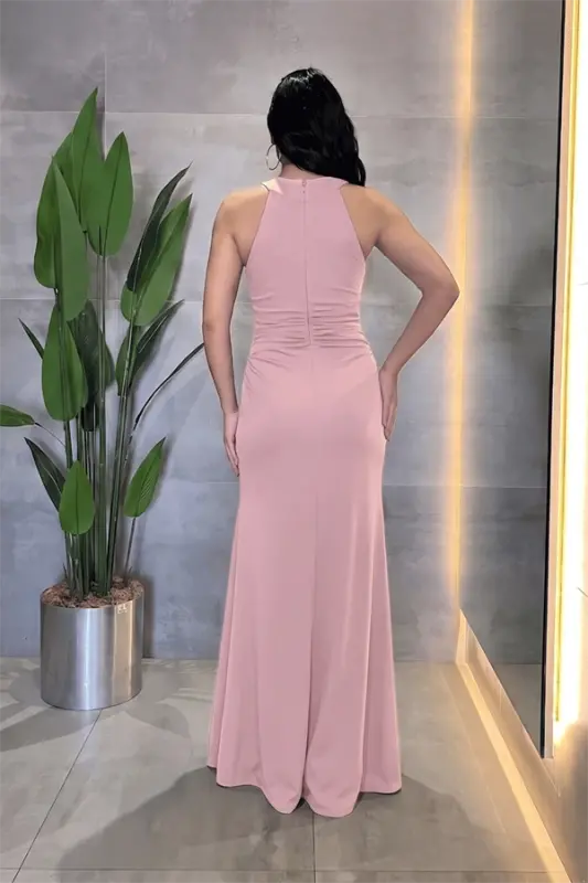Kristal Kumaş Boyundan Bağlamalı Abiye Elbise - PUDRA - 1