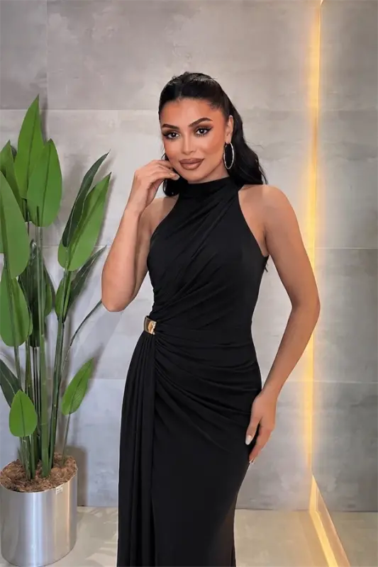 Kristal Kumaş Boyundan Bağlamalı Abiye Elbise - SİYAH - 2