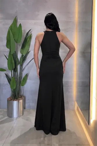 Kristal Kumaş Boyundan Bağlamalı Abiye Elbise - SİYAH - 3