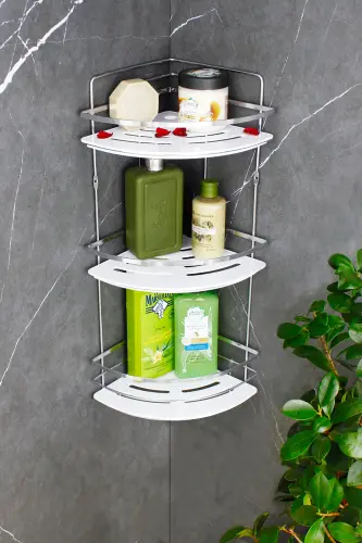 Kristal Raflı Krom Lamalı Üçlü Şampuanlık Yapışkanlı Banyo Düzenleyici Köşeliği Rafı - KROM - Beyaz Raf 