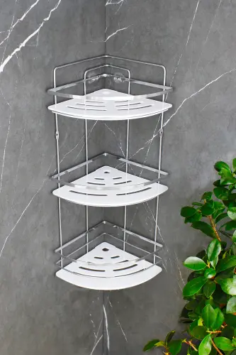 Kristal Raflı Krom Lamalı Üçlü Şampuanlık Yapışkanlı Banyo Düzenleyici Köşeliği Rafı - KROM - Beyaz Raf - 8