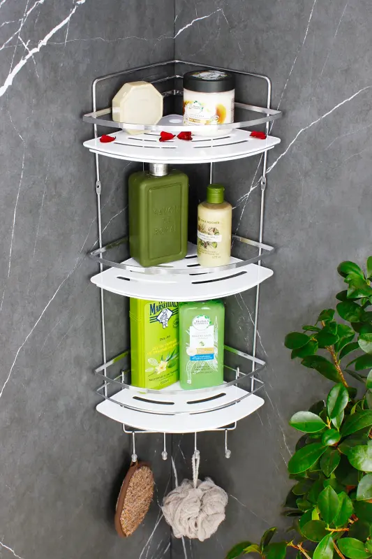 Kristal Raflı Krom Lamalı Üçlü Şampuanlık Yapışkanlı Banyo Düzenleyici Köşeliği Rafı - KROM - Beyaz Raf - 4