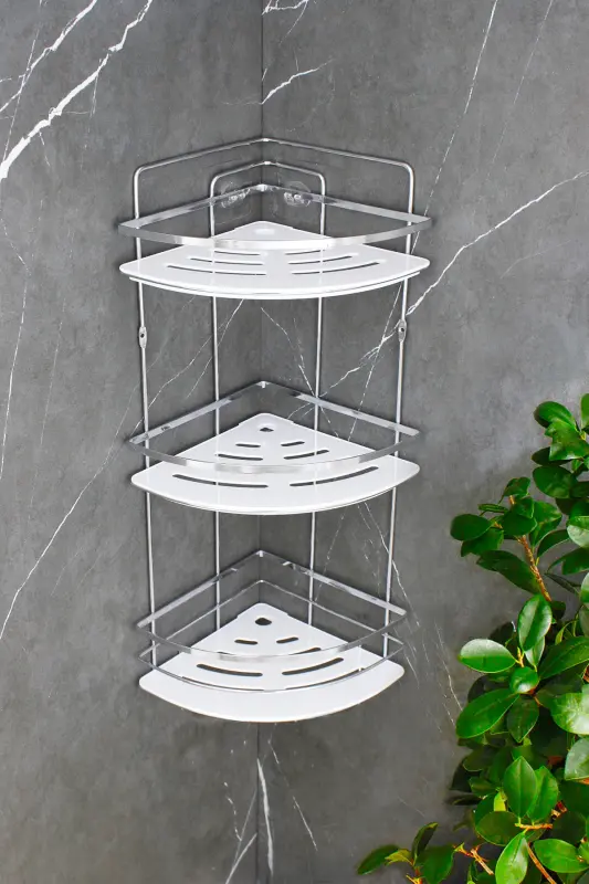 Kristal Raflı Krom Lamalı Üçlü Şampuanlık Yapışkanlı Banyo Düzenleyici Köşeliği Rafı-KROM - 2