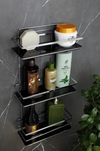 Kristal Raflı Krom Üçlü Lamalı Banyo Ve Kozmetik Düzenleyici Yapışkanlı Banyo Rafı Şampuanlık - KROM - Siyah Raf - HIMYHOME (1)