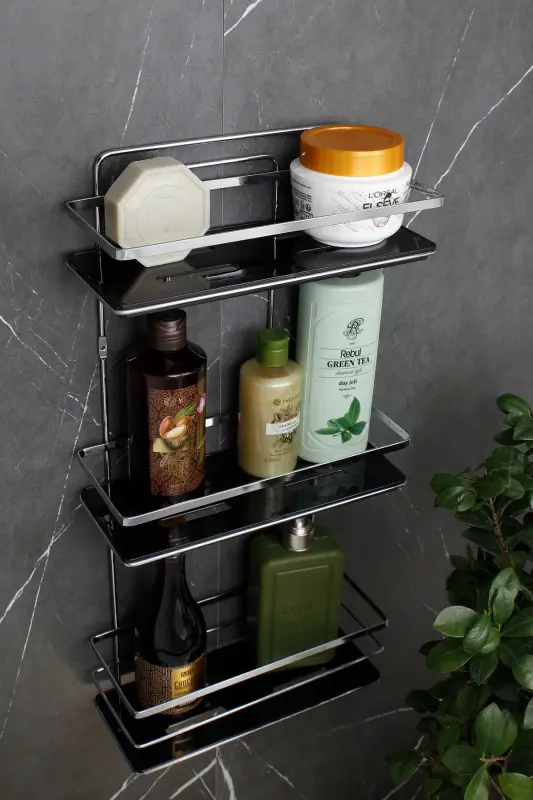 Kristal Raflı Krom Üçlü Lamalı Banyo Ve Kozmetik Düzenleyici Yapışkanlı Banyo Rafı Şampuanlık - KROM - Siyah Raf - 2