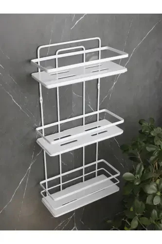Paslanmaz Lif Askılıklı Kristal Raflı Üçlü Banyo Ve Kozmetik Düzenleyici Beyaz Banyo Rafı Şampuanlık-BEYAZ - 2