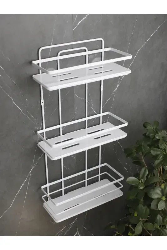 Paslanmaz Lif Askılıklı Kristal Raflı Üçlü Banyo Ve Kozmetik Düzenleyici Beyaz Banyo Rafı Şampuanlık-BEYAZ - 2